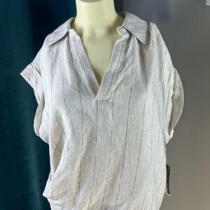 Worthington Cream Striped V-Neck Collared Tunic
